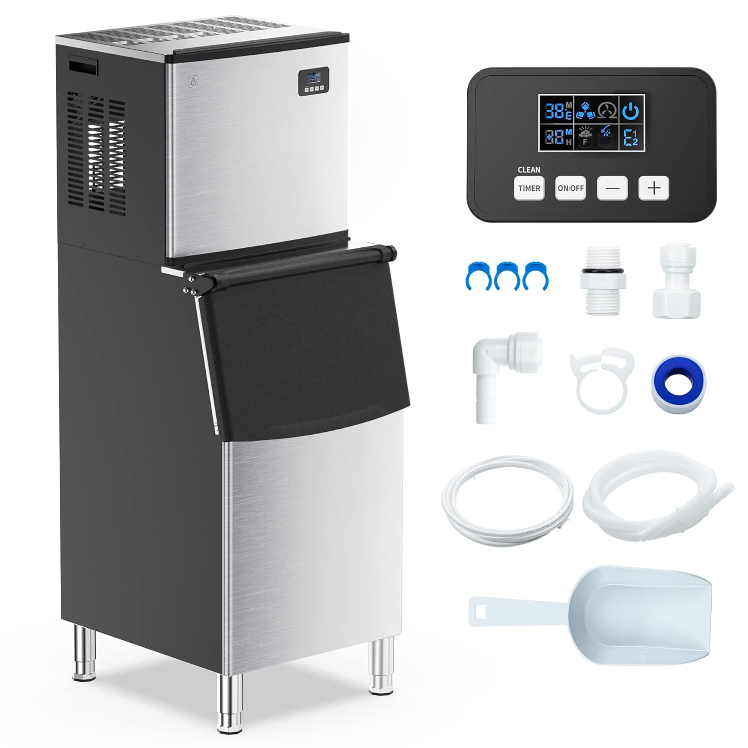 Máquina de hielo comercial de 350 libras24 horas, máquina de hielo industrial de acero inoxidable con contenedor de almacenamiento grande de 220