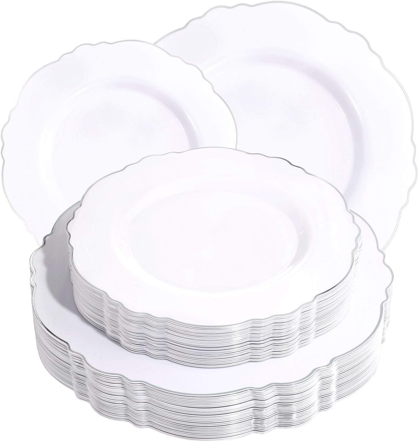 WDF – 125 platos cuadrados negros de plástico con borde dorado y cubiertos desechables dorados, vajilla de plástico que incluye 25 platos de cena de