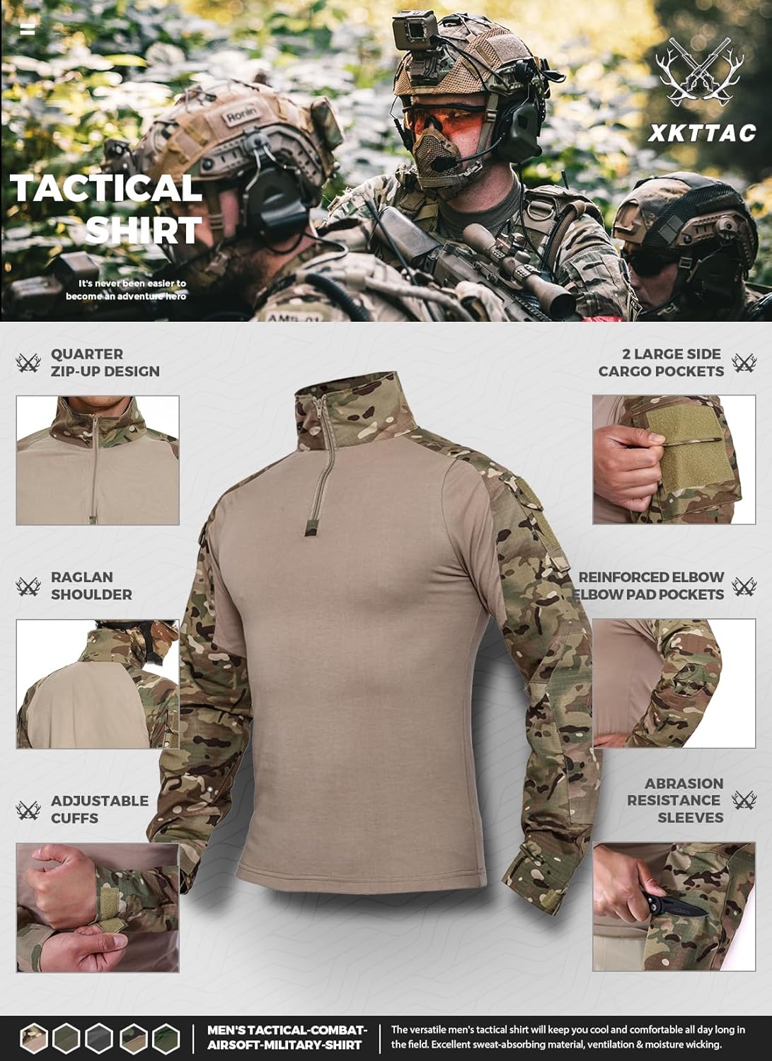 XKTTAC – Camiseta táctica de combate G3 para hombre con 2-4 bolsillos para Airsoft, actividades militares, paintball, equipo de camping, camiseta