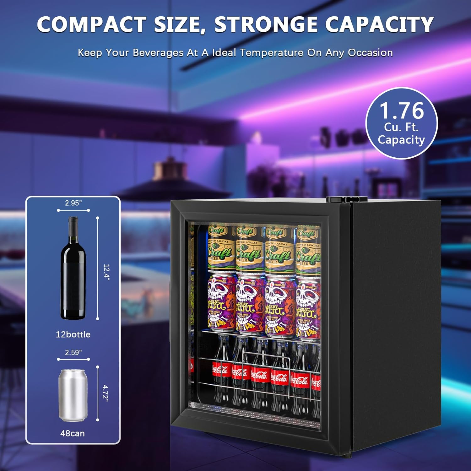 Refrigerador de bebidas para 75 latas, mini refrigerador independiente con puerta de vidrio y estantes ajustables, refrigerador pequeño para