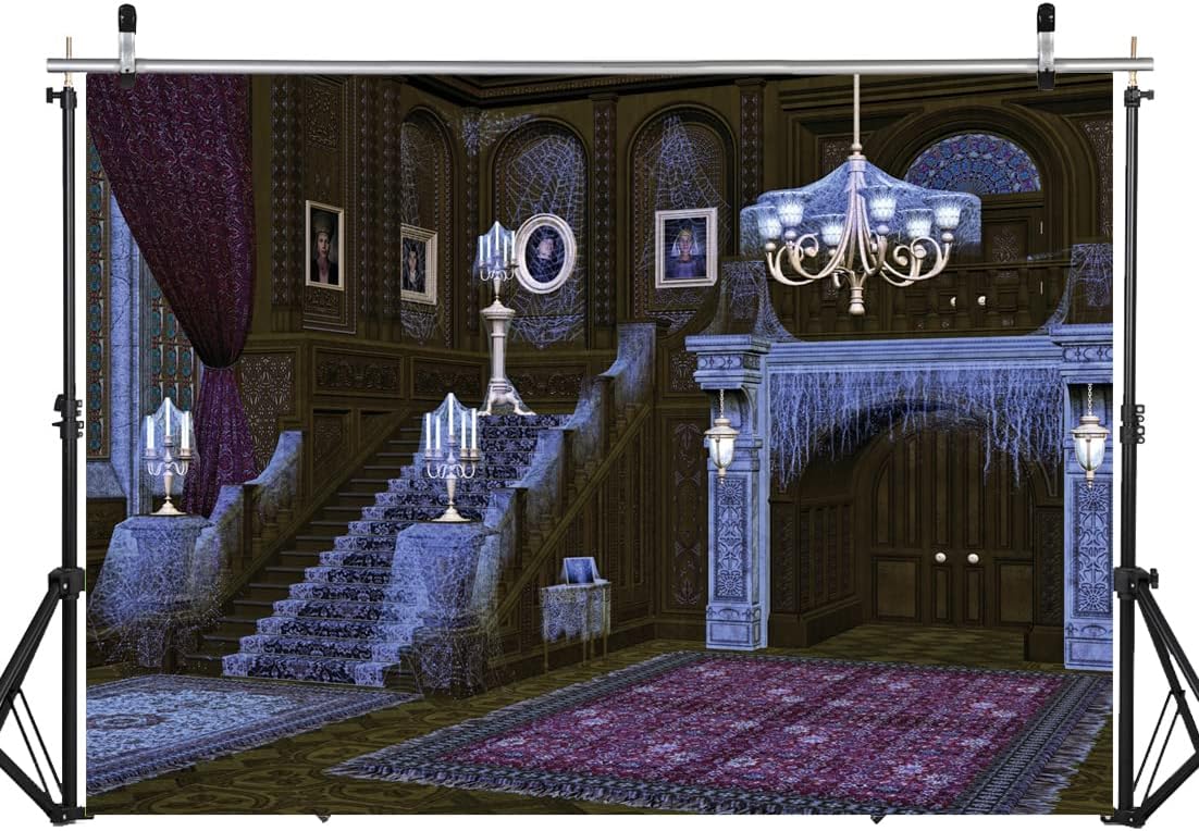 AIIKES Telón de fondo de Halloween de 7 x 5 pies para fotografía de casa embrujada de Halloween, escaleras, retro, espeluznante, telón de fondo para