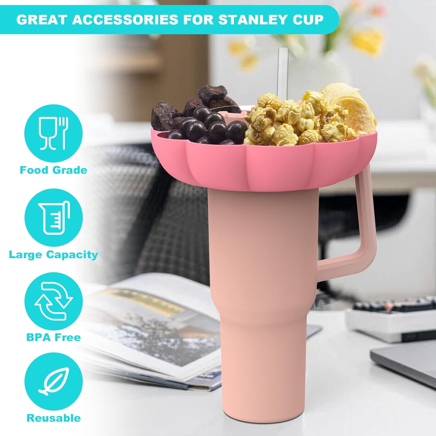 Bandeja de aperitivos para vaso Stanley de 40 onzas con asa, reutilizable de silicona, accesorios para vasos Stanley (rosa)