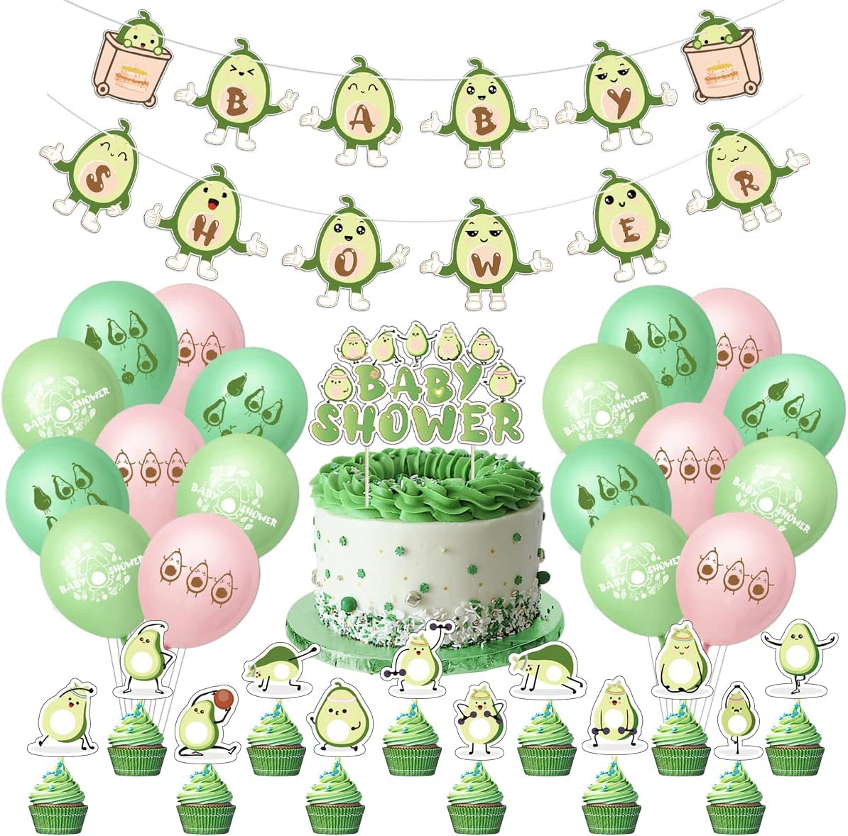 Decoraciones de fiesta de baby shower, tema de aguacate y frutas, suministros para fiesta de baby shower, pancartas de baby shower, 18 globos de