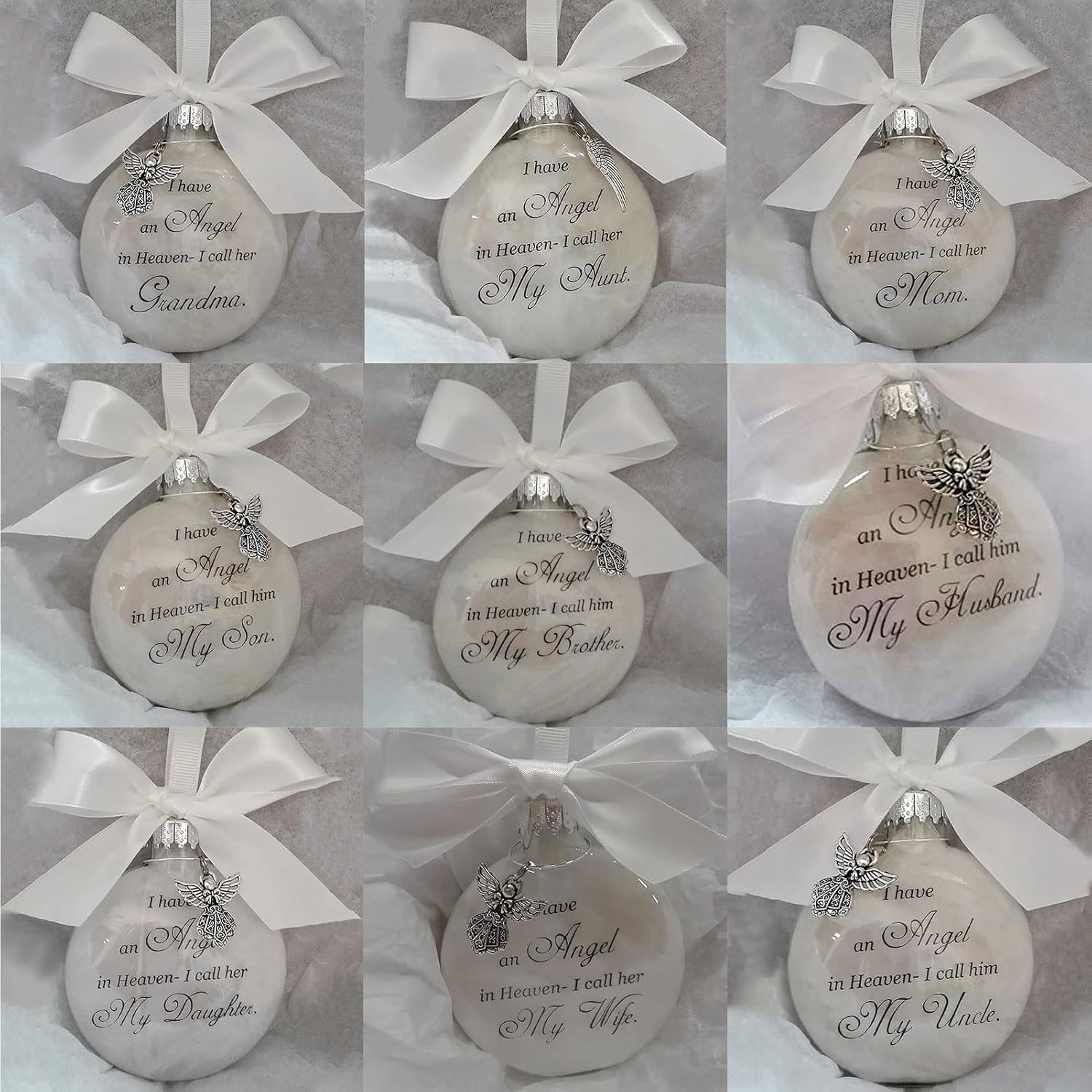 Adornos conmemorativos de Navidad, bola de plumas con texto en inglés “I Have an Angel in Heaven” con un pequeño ángel de Navidad, adorno de Navidad