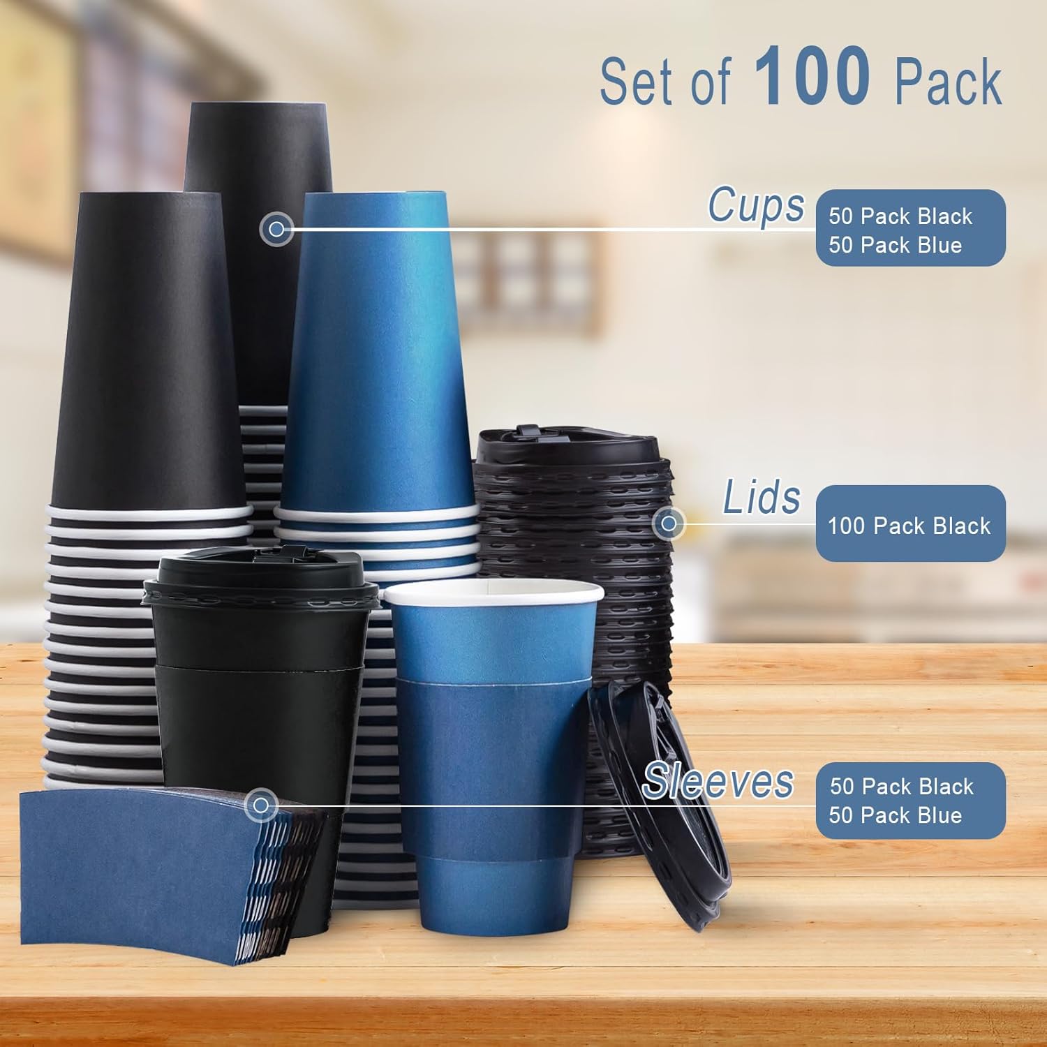 SIUQ Paquete de 100 tazas de café desechables de 16 onzas con tapas y mangas, vasos de papel para bebidas calientes y frías, café, agua, chocolate