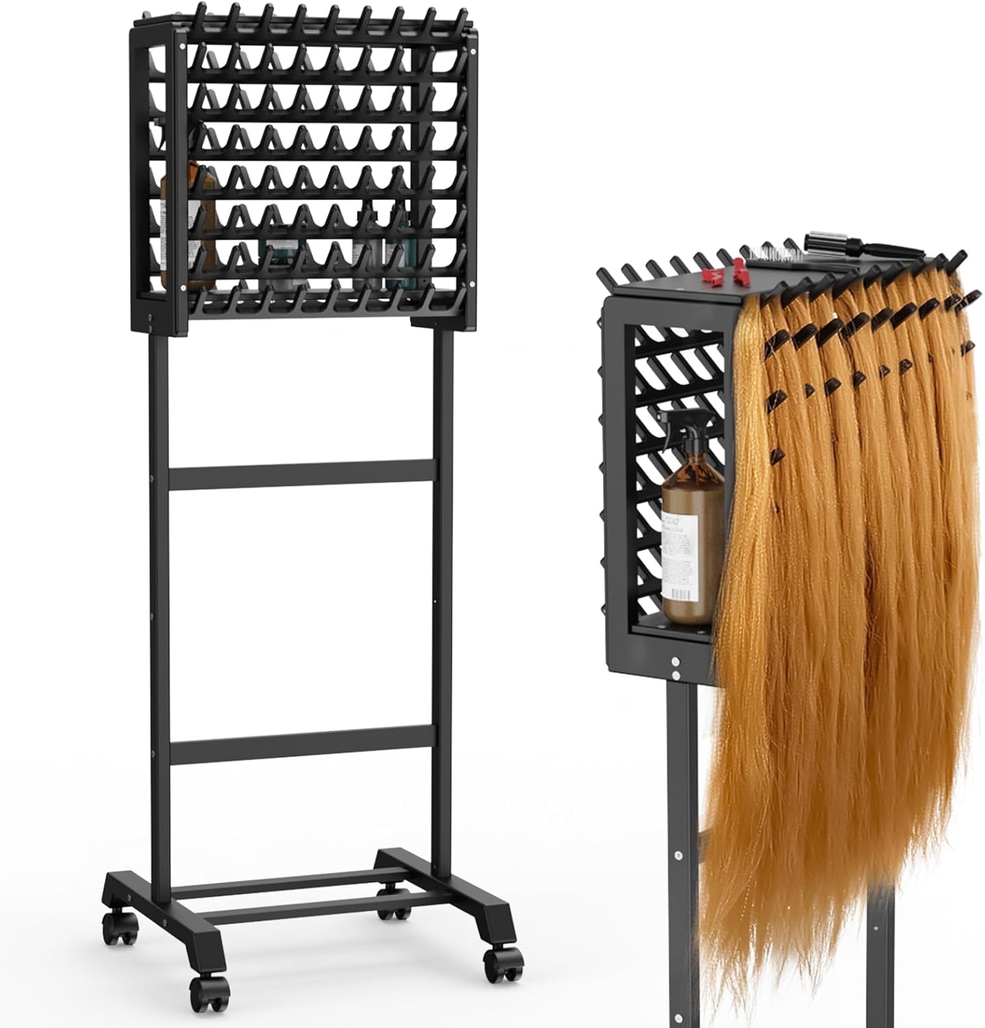 Rejilla negra para trenzar el cabello, estante de doble cara con 4 ruedas y 2 estantes de almacenamiento, estantes de madera para trenzadores,