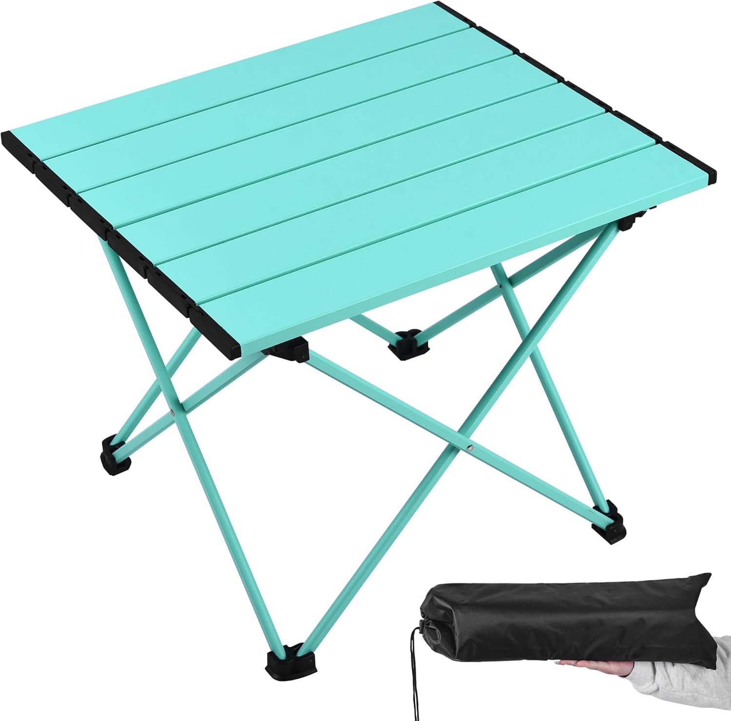 Grope Mesa de camping plegable pequeña con parte superior de aluminio, mesa de playa para arena con bolsa de transporte, perfecta para exteriores,