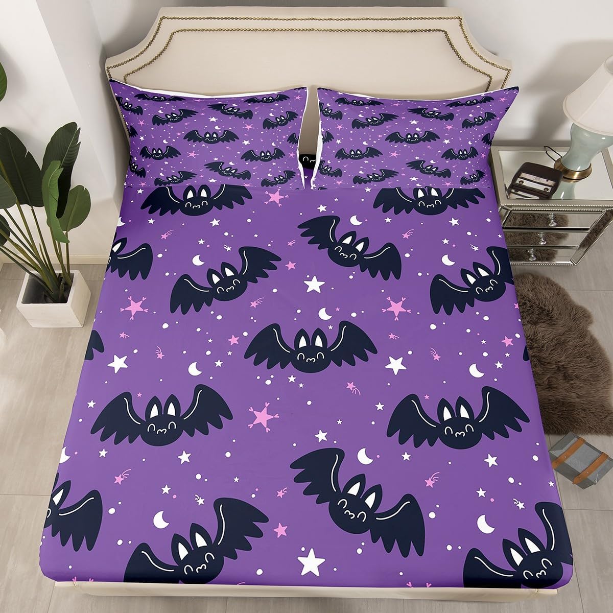 Lindas sábanas de murciélagos tamaño Queen, juego de sábanas de Feliz Halloween para niños y niñas, Kawaii cielo estrellado estrellas luna, sábana