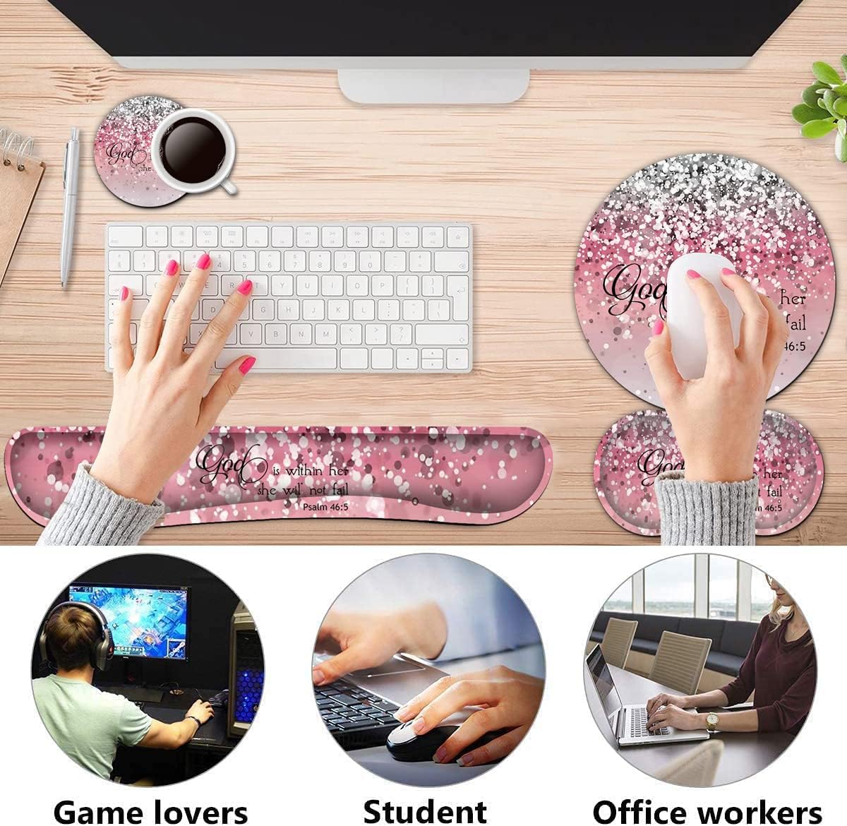 Reposamuñecas para teclado + alfombrilla para mouse + reposamuñecas para mouse + posavasos, espuma viscoelástica ergonómica, juego de 4 alfombrillas