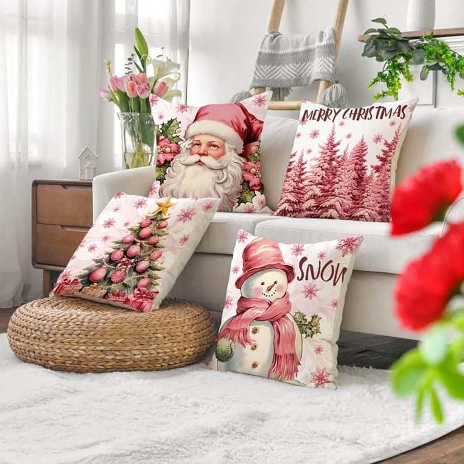 NZTGVR Fundas de almohada rosas de Navidad, impresión de letras de lino, decoración de vacaciones, almohadas decorativas de Navidad, funda de cojín