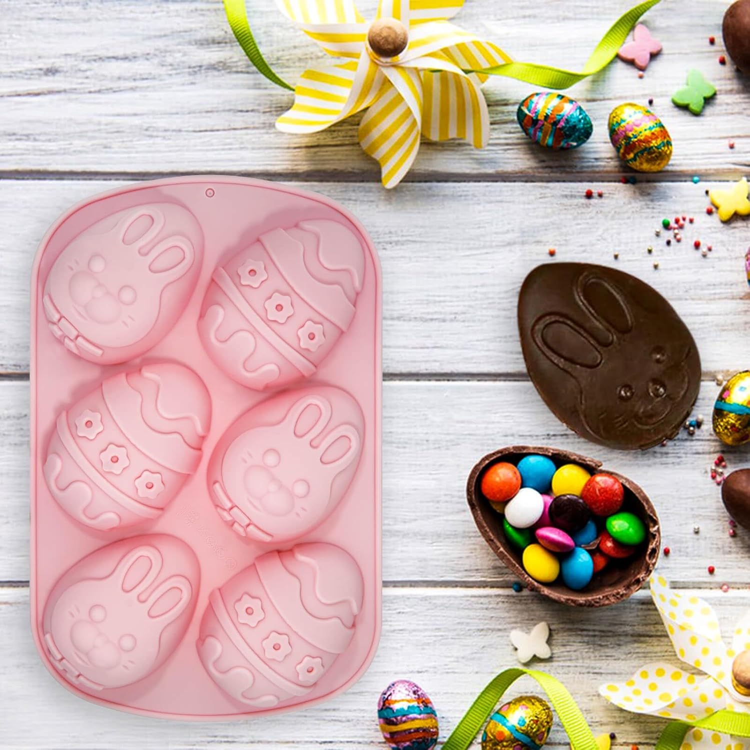 2 moldes de silicona de Pascua para hornear pudín hechos a mano, jabones, velas, gelatinas de chocolate, cubitos de hielo, gomita (rosa)
