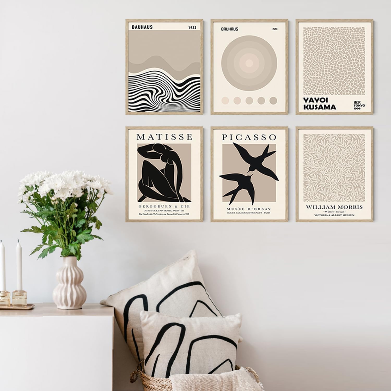 Iknostine Juego de 6 impresiones artísticas para pared de artistas famosos, póster abstracto de Matisse en lienzo estético negro, arte de flores de