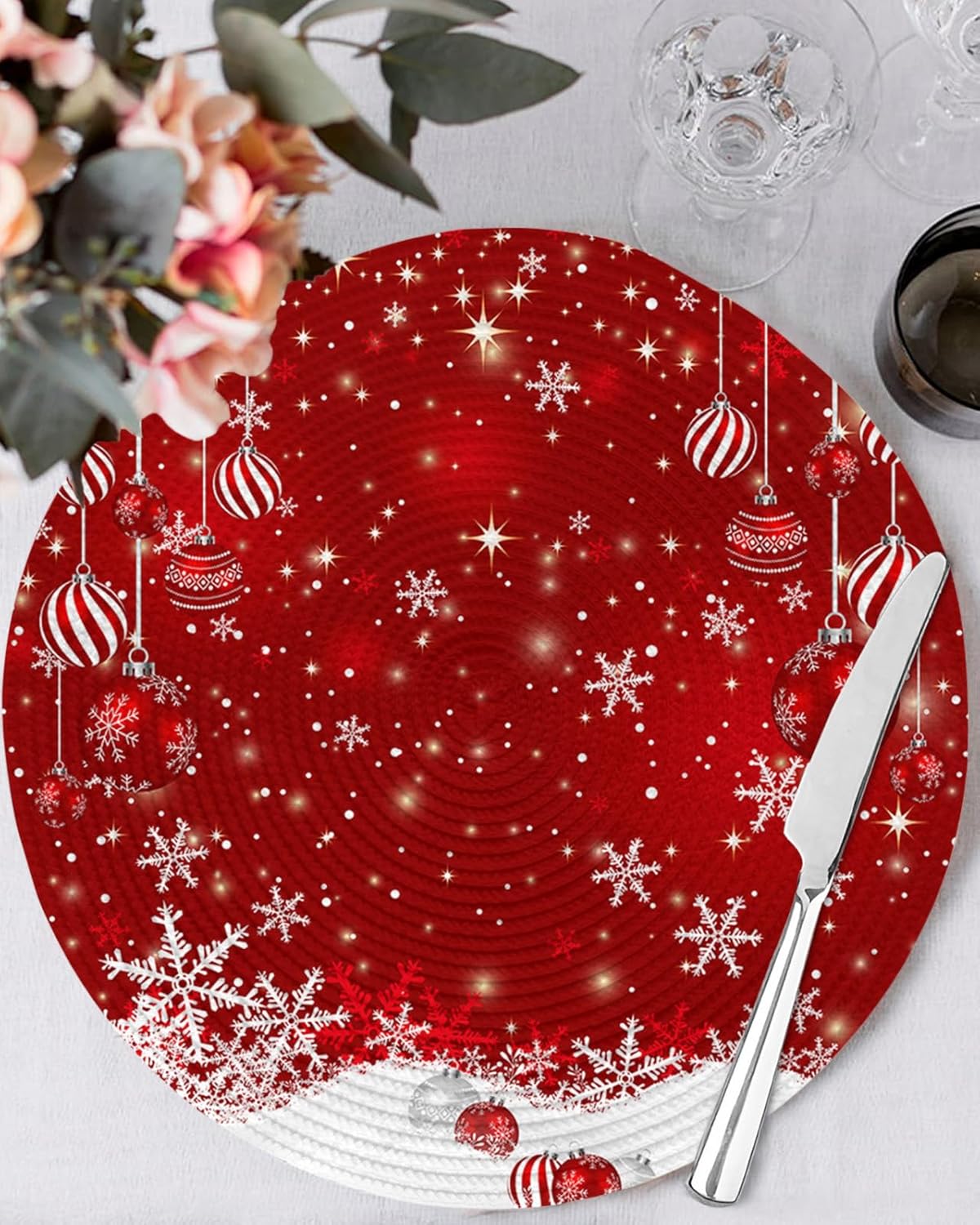 Juego de 8 manteles individuales redondos de Navidad, diseño de copos de nieve, lavables, trenzados, redondos, para mesas de comedor, decoración de