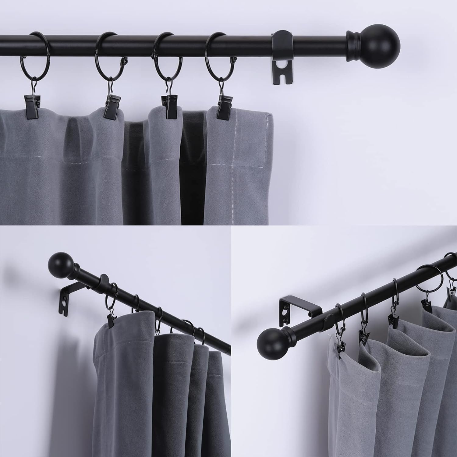 Juego de 2 barras de cortina negras para ventanas de 30 a 46 pulgadas, 58 pulgadas de diámetro, color negro mate, para dormitorio, sala de estar,