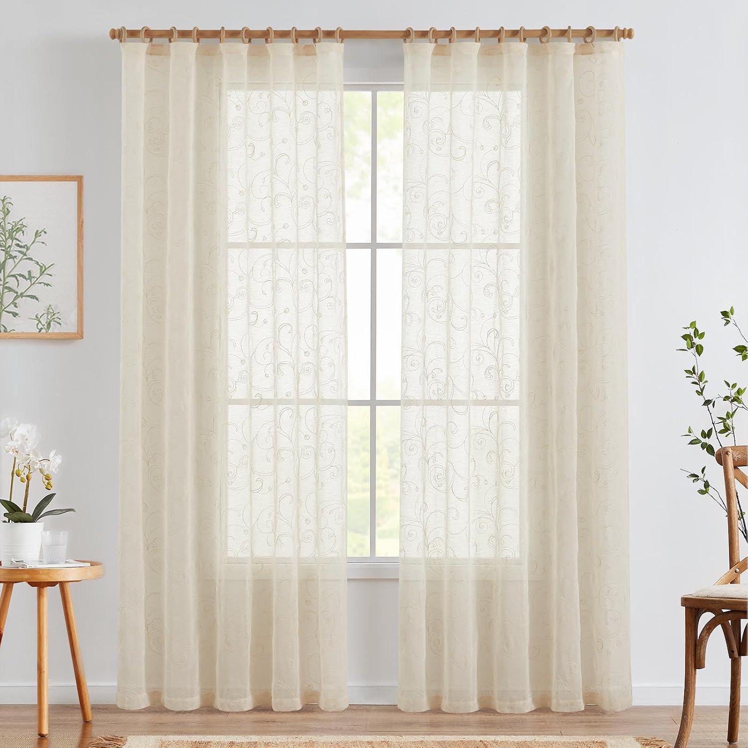 jinchan Cortinas bordadas de lino transparentes de 84 pulgadas de largo para sala de estar, cortinas bordadas, 2 paneles de cortinas de gasa con