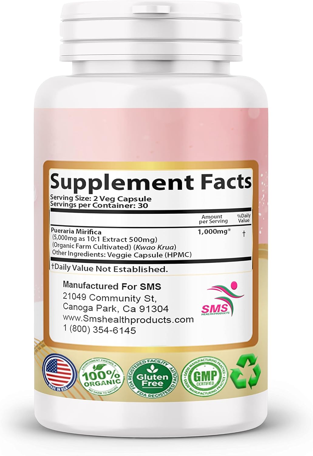 SMSHEALTHPRODUCTS.com Pueraria Mirifica (Kwao Krua Kao) Píldoras  Diario 3000 mg, Orgánico, Sin OGM, Sin Rellenos  Extracto 101 en polvo importado