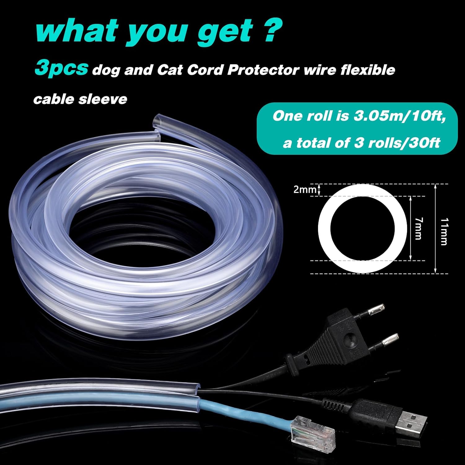Protectores de cable flexible de PVC para evitar que los gatos masticen los cables, protector de cable eléctrico transparente, fundas de cable de