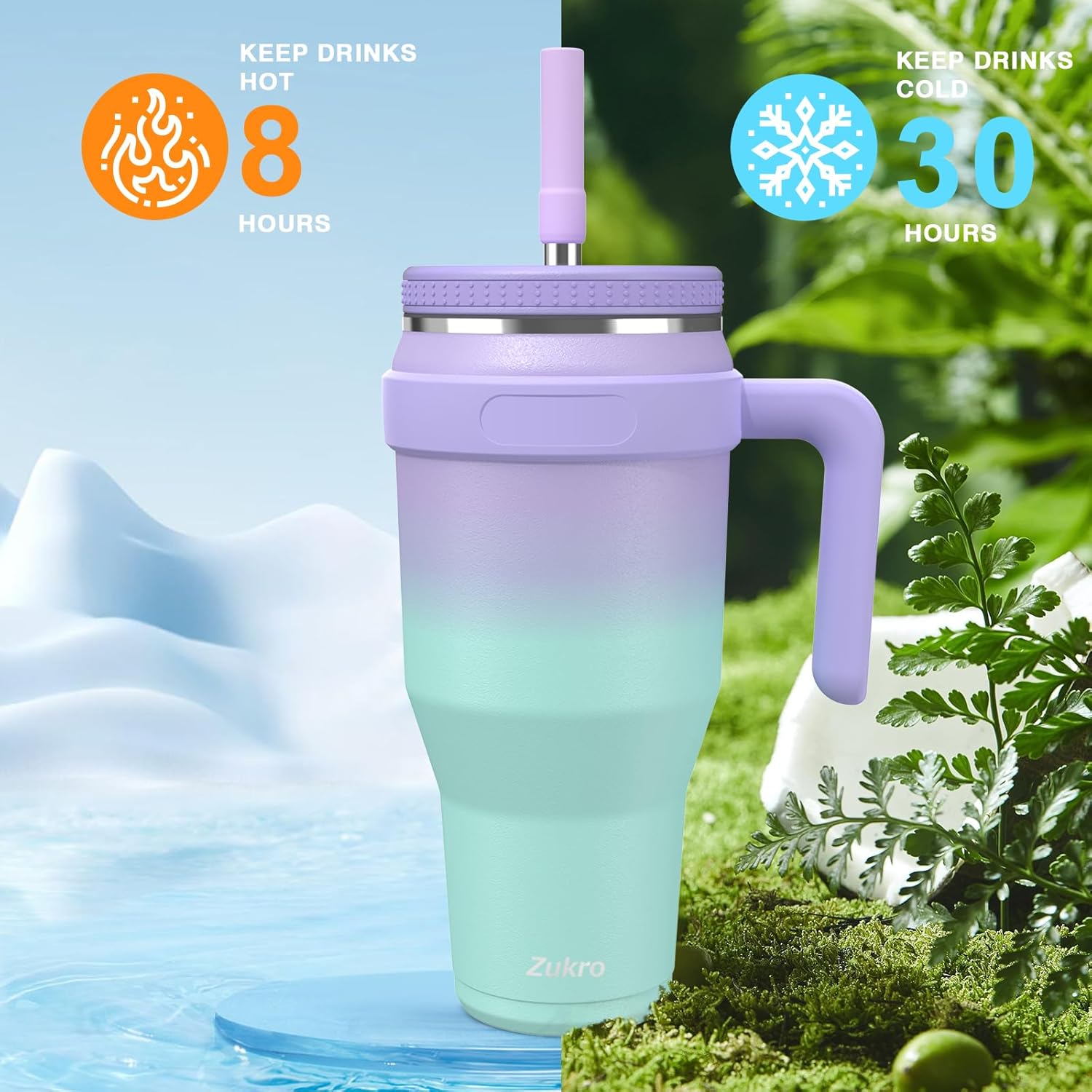 Vaso de 40 onzas con asa y tapa con popote, taza de viaje de acero inoxidable aislada al vacío con tapa de tornillo para colocar en el soporte para