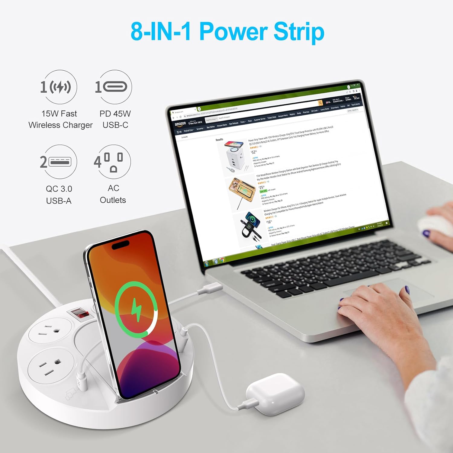 KingTSYU – Regleta protectora de sobretensiones, cable de extensión de regleta de alimentación con puertos USB C, 4 tomas de corriente y cargador