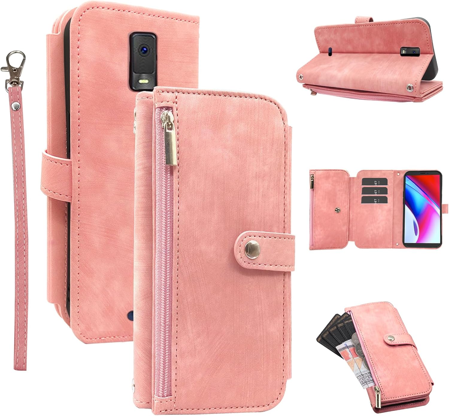 Funda compatible con Tracfone BLU View 3 B140DL – Funda tipo cartera con 9 ranuras para tarjetas, tarjetero de cuero retro, con correa para la