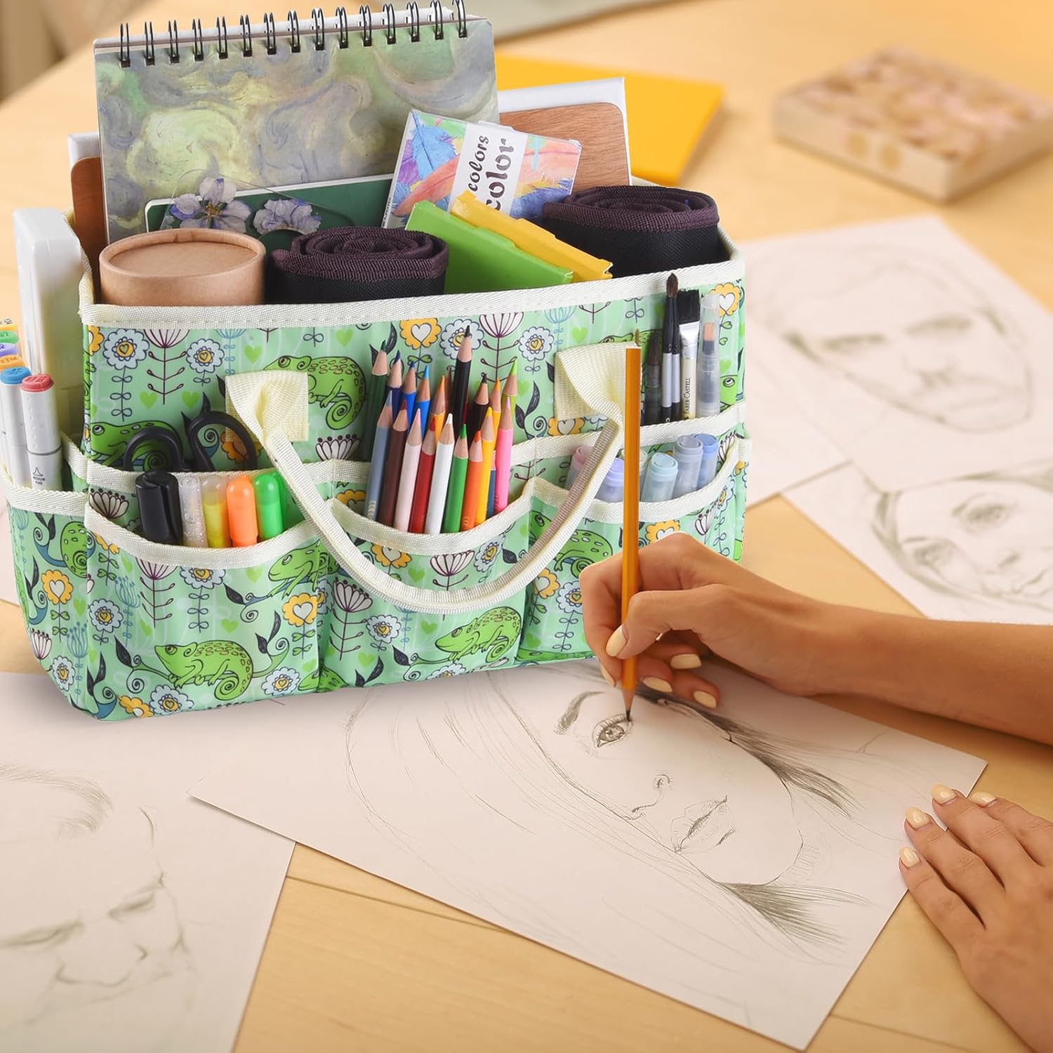 Bolsa organizadora de manualidades con múltiples bolsillos, organizador grande de almacenamiento de arte con asas para arte, manualidades, costura,