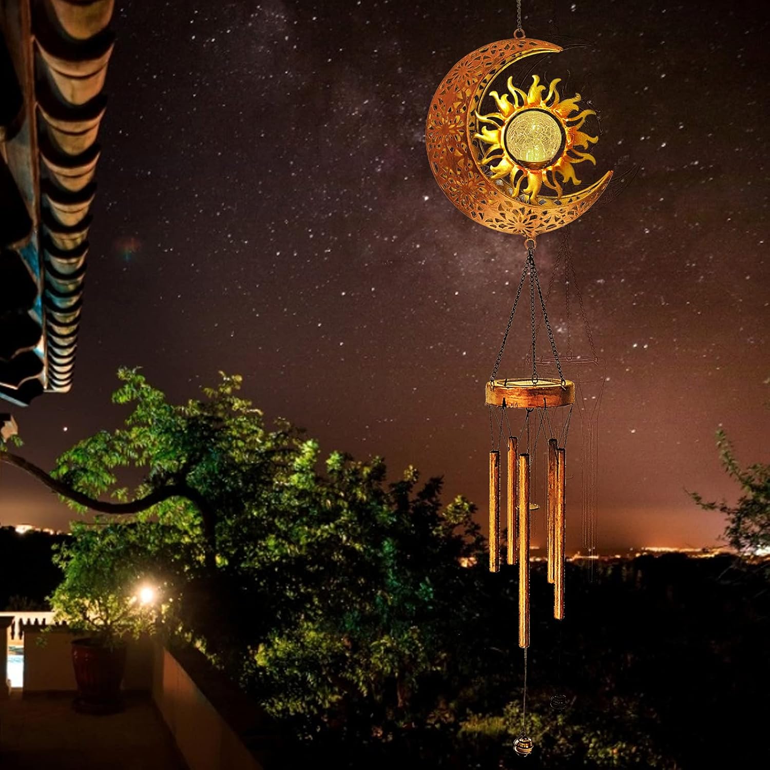 Campanillas de viento solares, para exteriores, jardín, decorativo, con bola agrietada, impermeable, de metal, LED, para colgar (luna y sol)