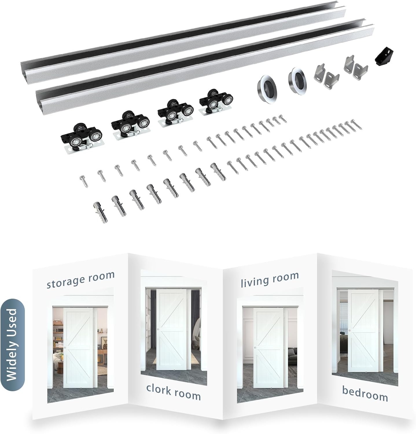 JUBEST Juego de herrajes para puerta de derivación de doble vía de 5 pies, juego de herrajes de aluminio para puerta de armario con tirador de dedo