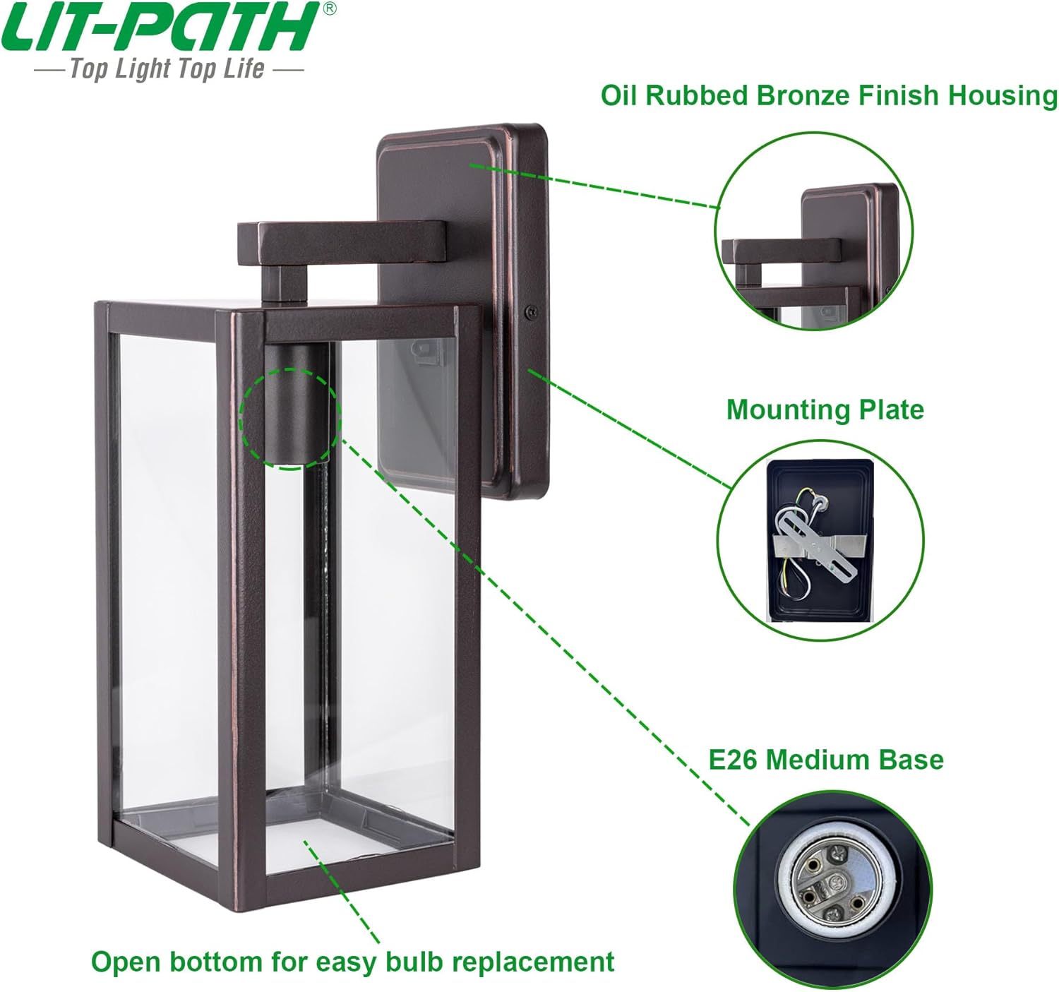 LIT-PaTH Farol de pared para exteriores, aplique de pared como accesorio de iluminación de porche con una base E26 máximo de 60 W, carcasa de metal