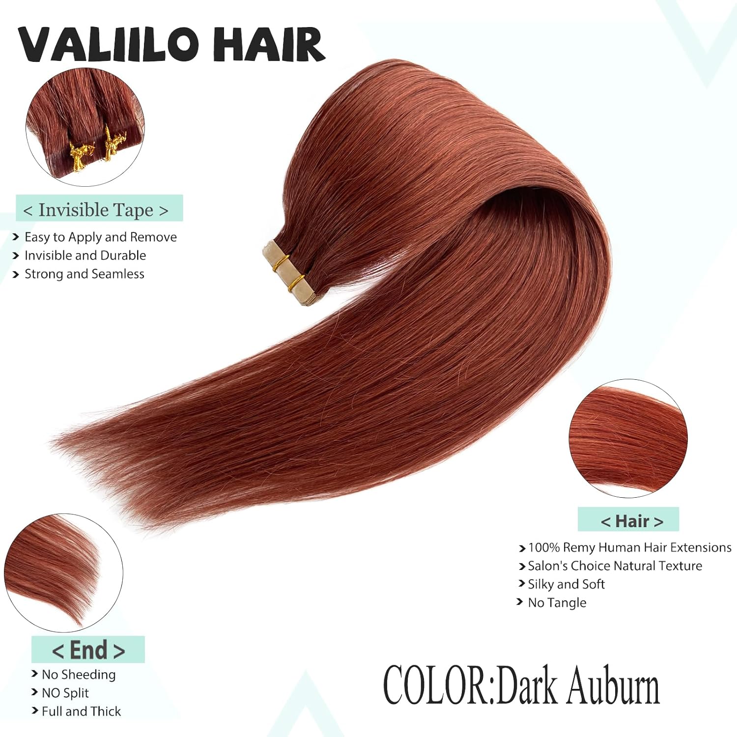 Extensiones de cabello humano color castaño oscuro con cinta adhesiva de doble cara, 20 pulgadas, invisible, natural, doble cara, sin costuras, 20