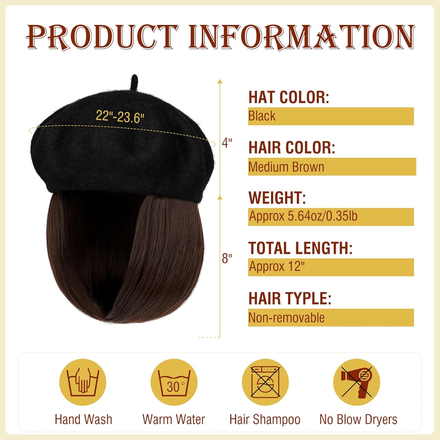 Gorro de boina con extensiones de cabello, sombrero clásico de lana francesa adjunta, 12 pulgadas, lacio, corto, Bob sintético, para mujer, marrón