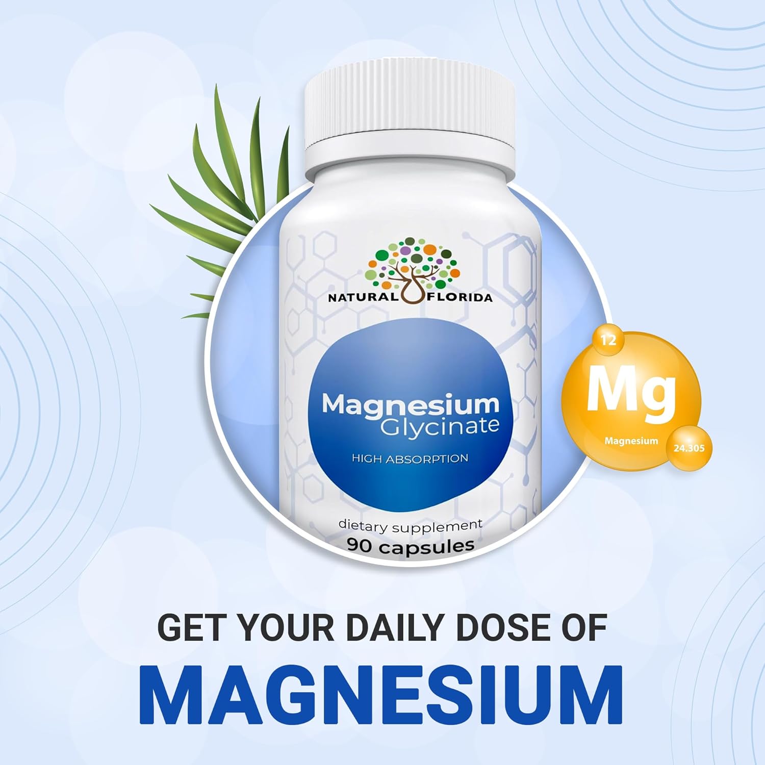 Glicinato de magnesio  Alta absorción, 90 cápsulas veganas, 220 mg por porción, Natural Florida, fabricado en Estados Unidos