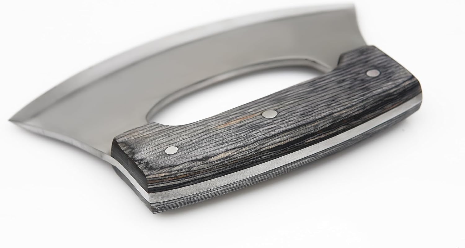 WARIVO KNIFE Cuchillo Ulu hecho a mano para cortar pizza, cuchillo oscilante, cuchillo mezzaluna con funda para cortar, cortar, acampar, al aire