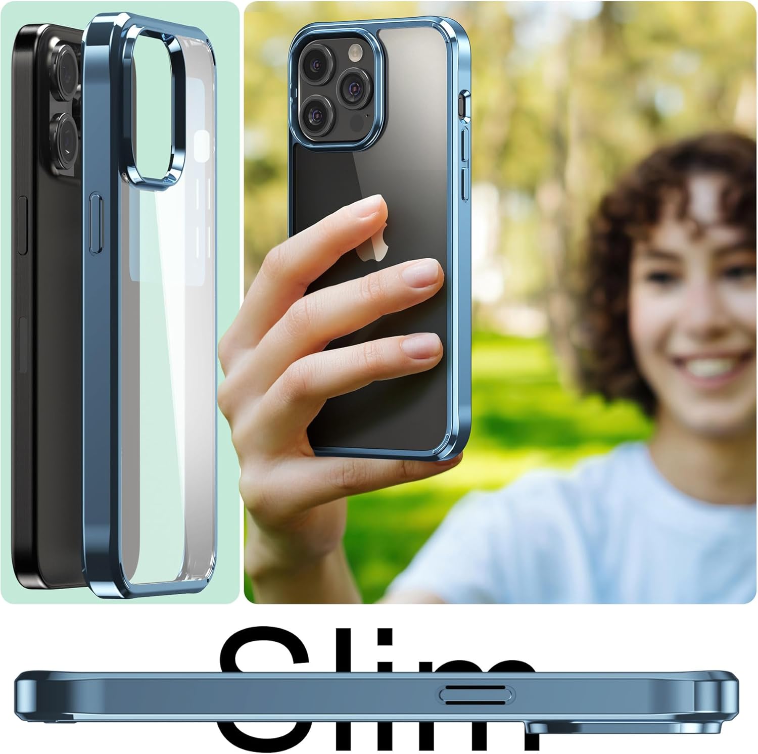 Foluu Funda ultradelgada para iPhone 15 Pro Max 2023 con protector de pantalla de vidrio templado y protector de lente de cámara, chapado duro