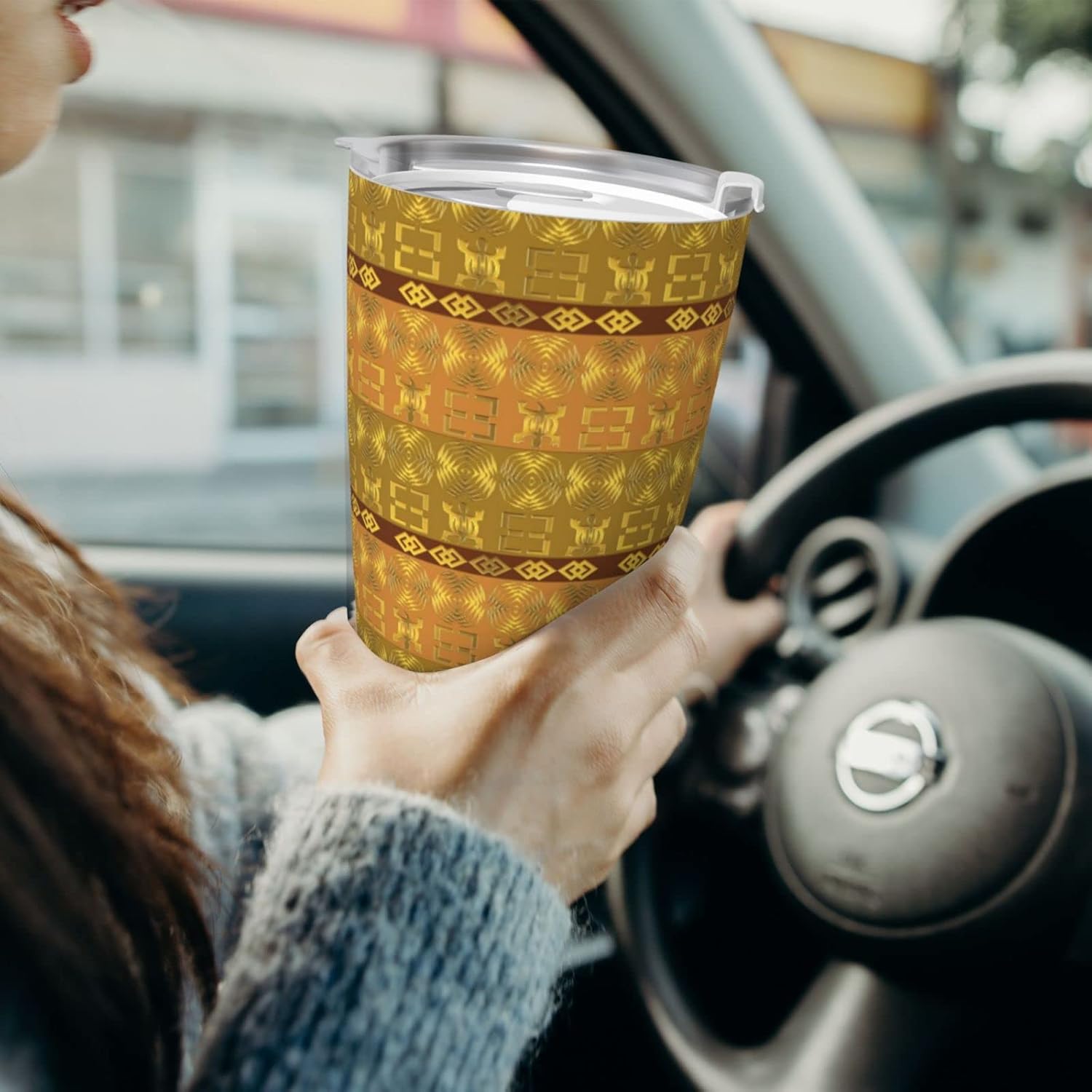 DKJlitter Taza de automóvil de 20 onzas, patrón étnico africano con símbolos Adinkra con aislamiento al vacío, taza de acero inoxidable con