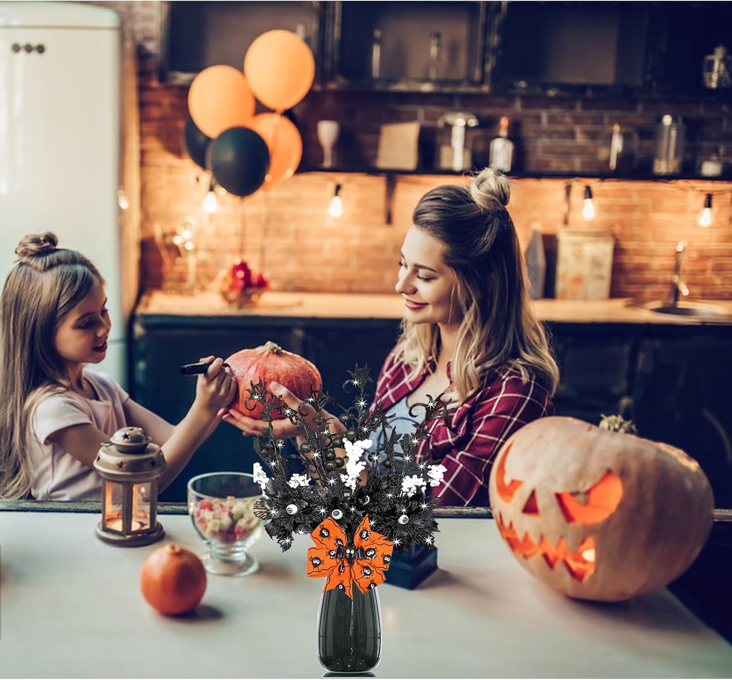 4 piezas de flores artificiales negras con purpurina de Halloween, murciélagos, ojos del diablo, tallos artificiales de ojos encantados, decoración