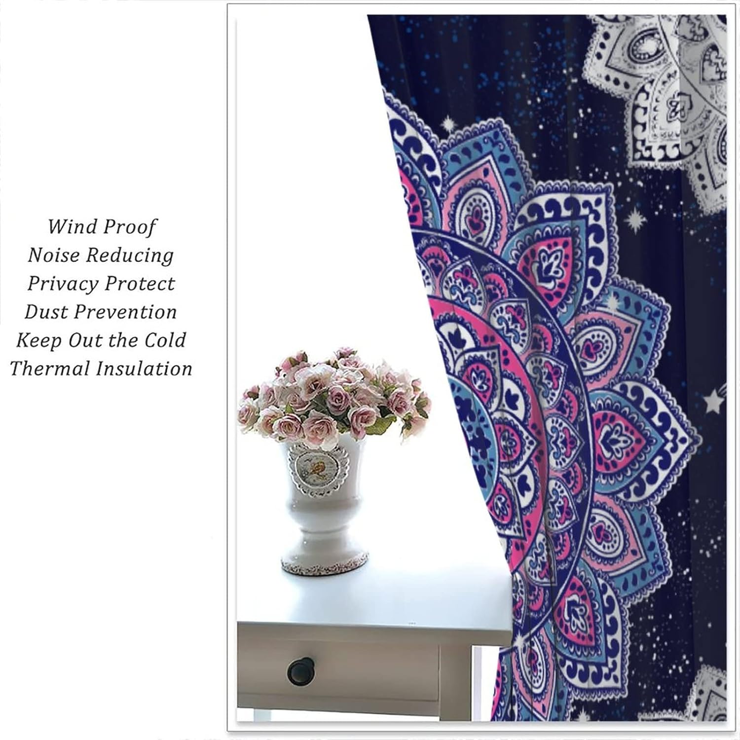 Cortinas de mandala bohemias moradas, hermosas flores de pavo real, fondo blanco y negro, con bolsillo para barra, cortinas de ventana para