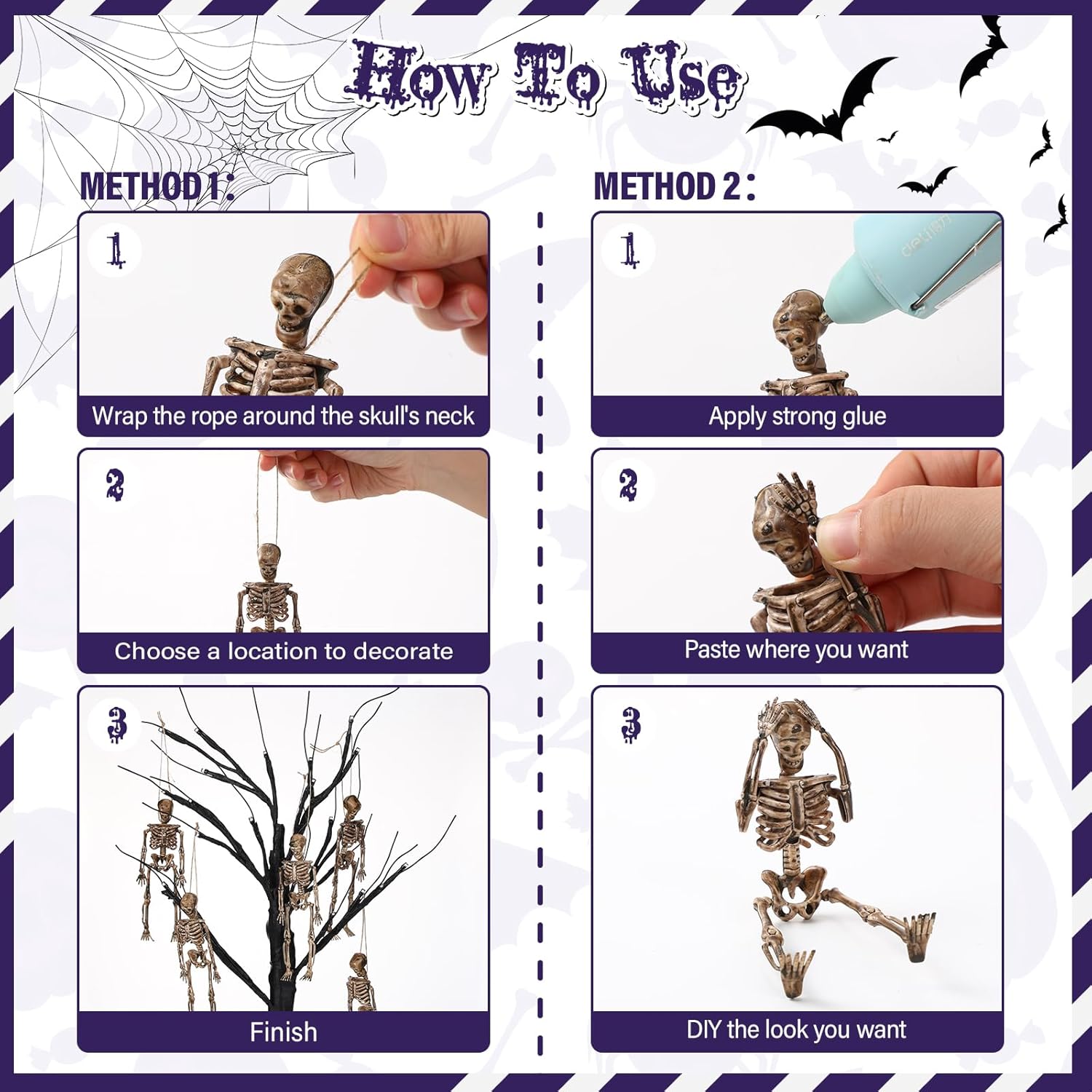 24 piezas de decoración de esqueleto de Halloween de 5.75 pulgadas, decoración de esqueleto de cuerpo completo de plástico, mini esqueleto pequeño,