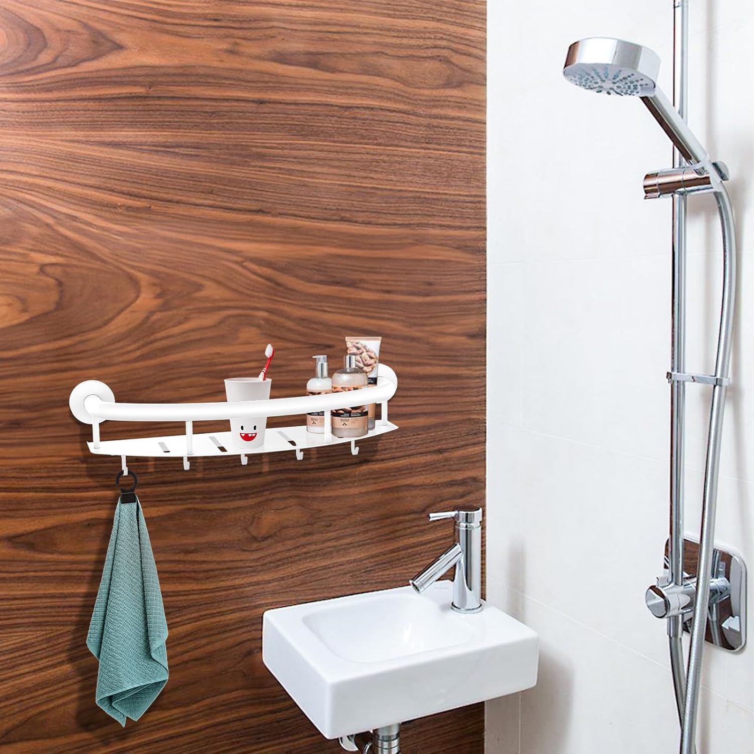 Barra de seguridad blanca de 18 pulgadas con estante de almacenamiento para bañera o ducha, orificios de drenaje, acero inoxidable, barras de agarre