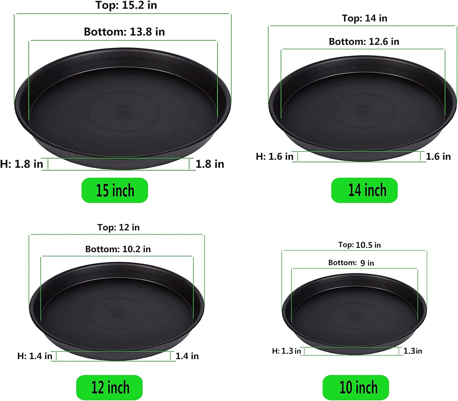 Paquete de 8 platillos de plástico para plantas de 10 pulgadas, 12 pulgadas, 14 pulgadas, 15 pulgadas, bandejas de goteo para plantas de interior y
