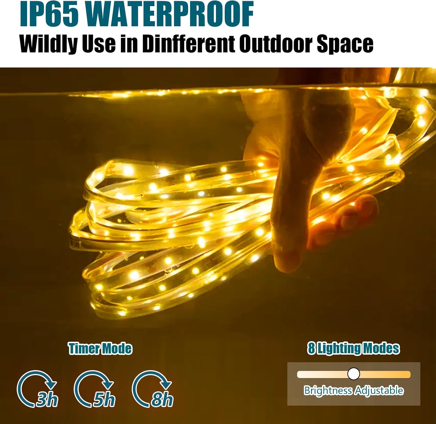 Nurluce Tira de luces LED solares para exteriores, impermeable, blanco cálido, 32.8 pies, 960 LED, 2400 mAh, 24 V, tira de luz solar con control