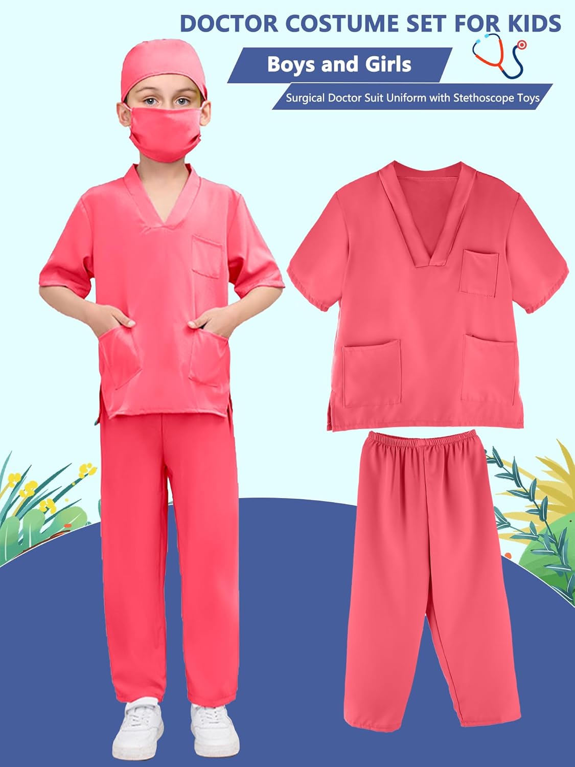 Puteraya Conjunto de disfraz de médico para niños, uniforme quirúrgico para niños y niñas, disfraz de Halloween, cosplay