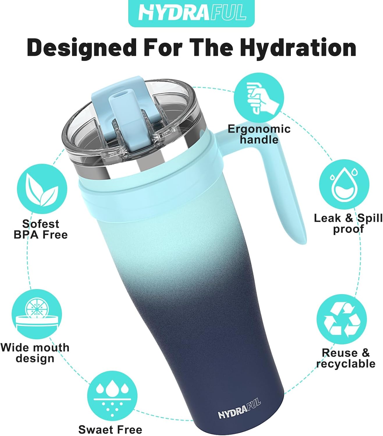 Hydraful Vaso aislado de 50 onzas con asa y tapa de pajilla, 100% a prueba de fugas, taza de viaje apta para portavasos – Vaso aislado de acero