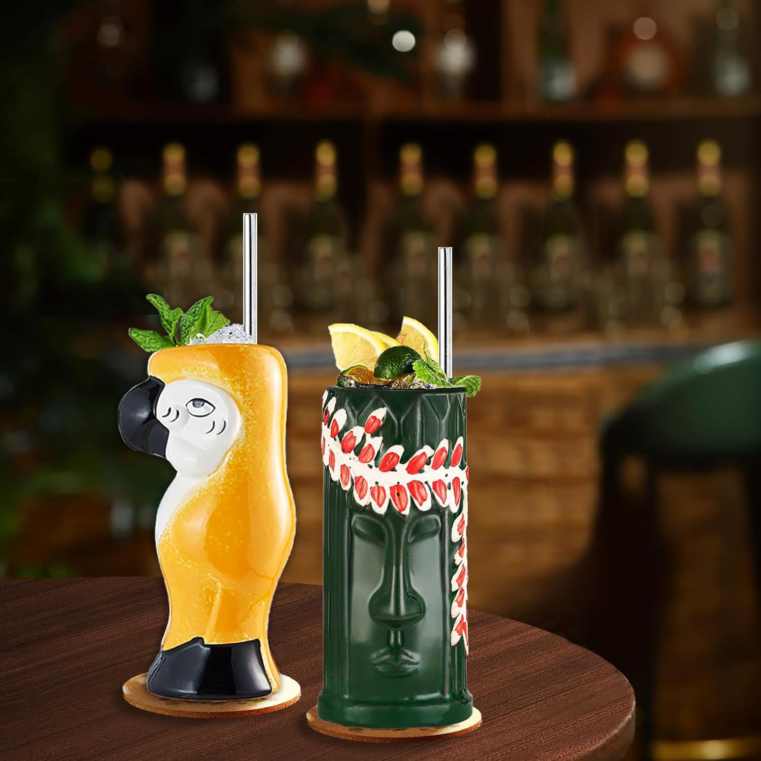 Juego de 4 tazas Tiki para cóctel, vasos Tiki de cerámica con pajitas y posavasos. Vasos de cóctel exóticos para fiesta hawaiana, vasos tropicales