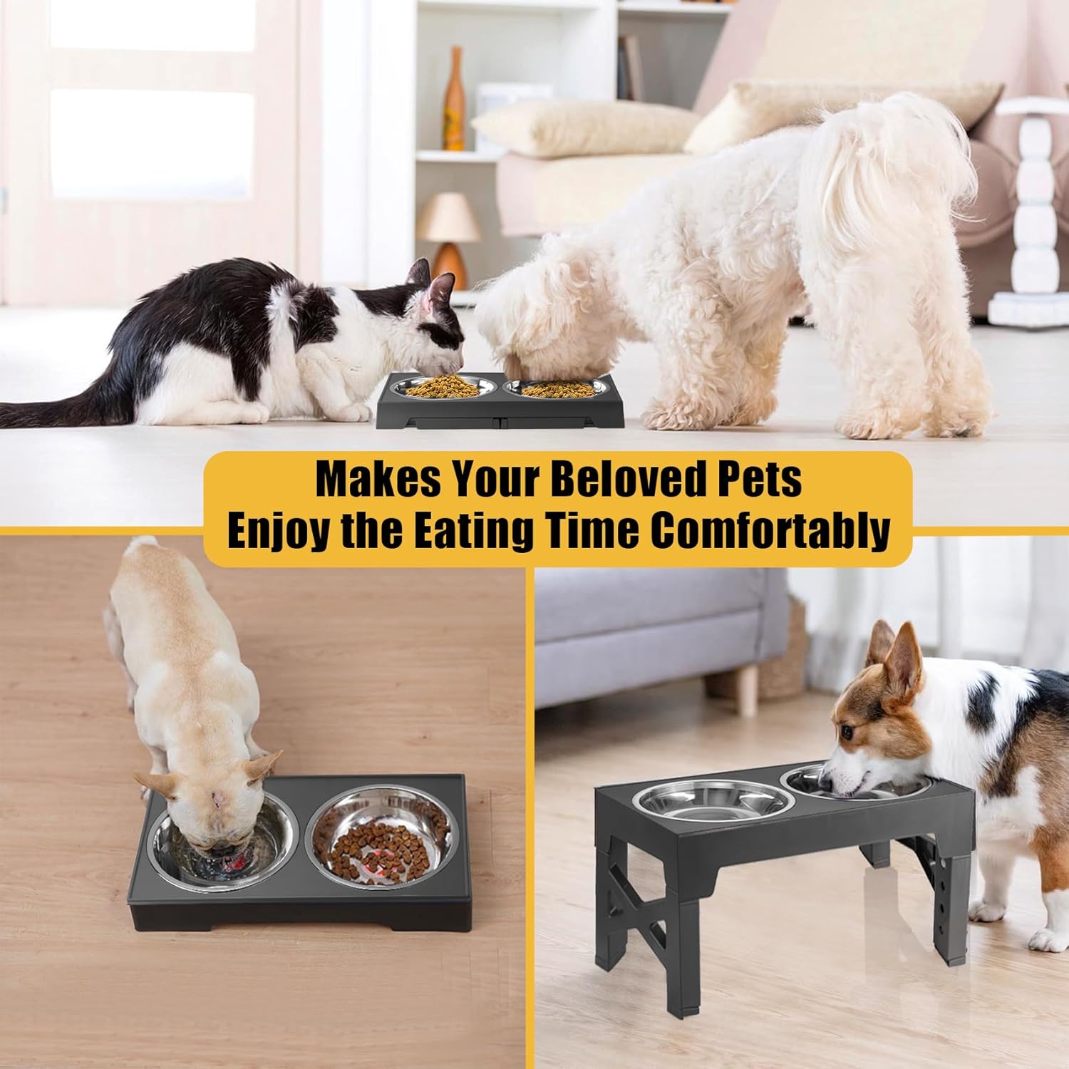 Tazones elevados para perros, con 5 alturas ajustables con 2 cuencos gruesos de acero inoxidable de 50 onzas para perros pequeños, medianos y