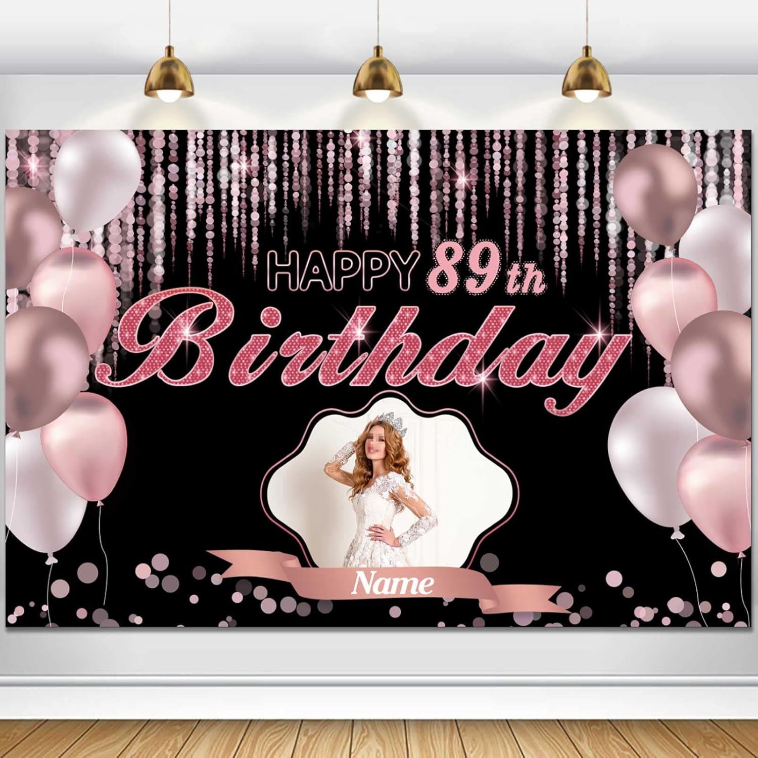 Cartel de decoración de feliz cumpleaños número 89 de oro rosa, tamaño grande, personalización con nombre y foto compatible
