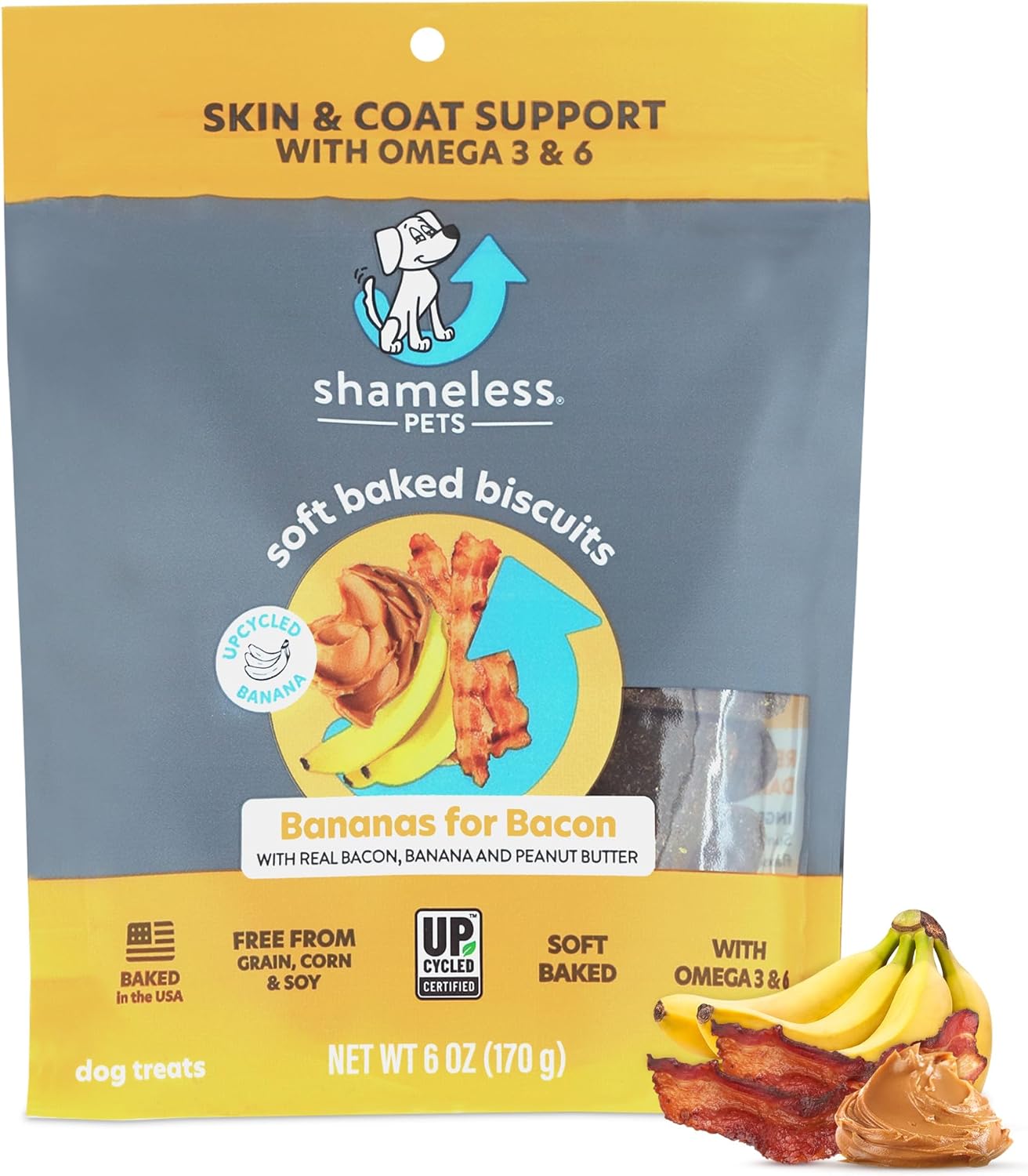 Shameless Pets Golosinas suaves para perros, plátanos para tocino, masticables naturales y saludables para el apoyo de la piel y el pelaje con Omega