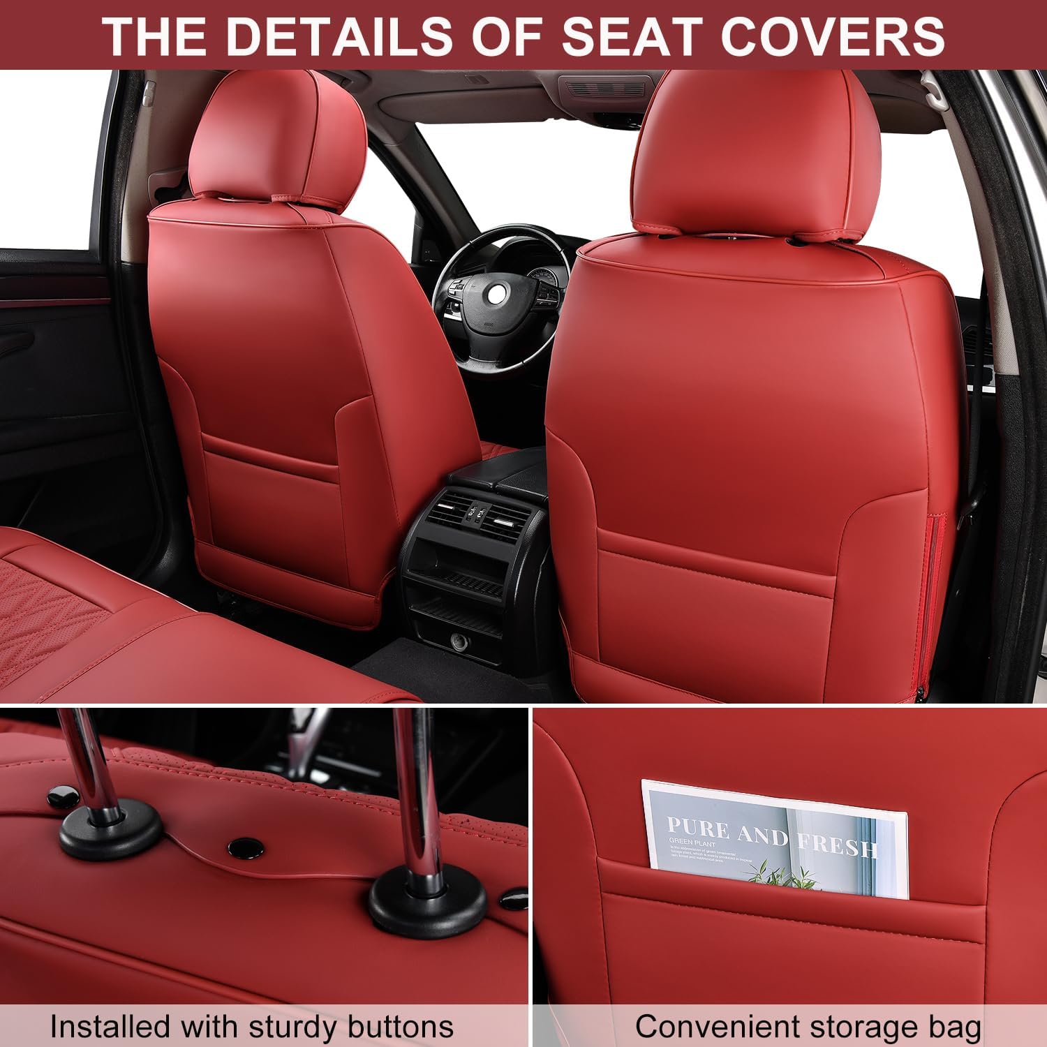 Juego completo de fundas de asiento de automóvil, fundas de cuero transpirable para asientos delanteros y traseros y reposacabezas, funda universal