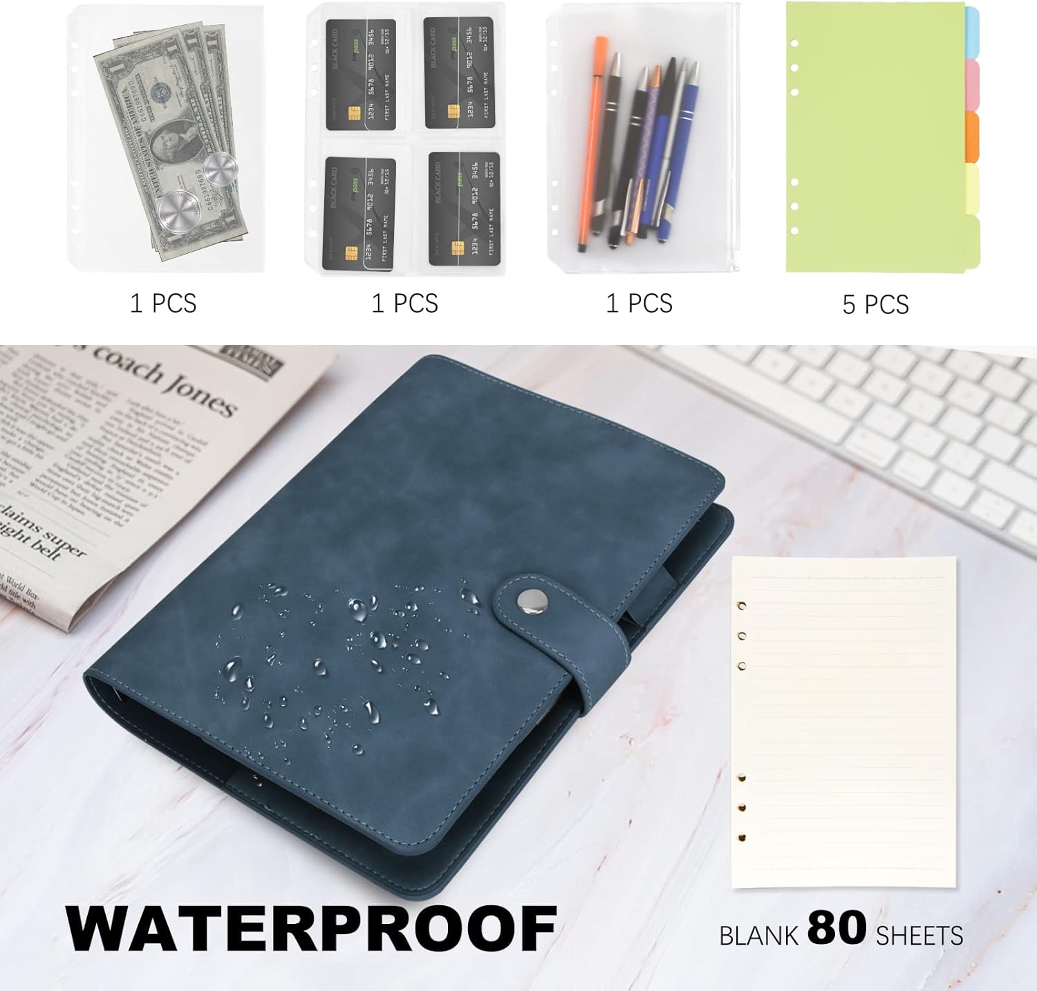 GoodSing Cuaderno de cuero con anillas A5, carpeta A5 de 6 anillos con papeles de repuesto A5, bolsillos para carpetas y separadores de temas, hoja