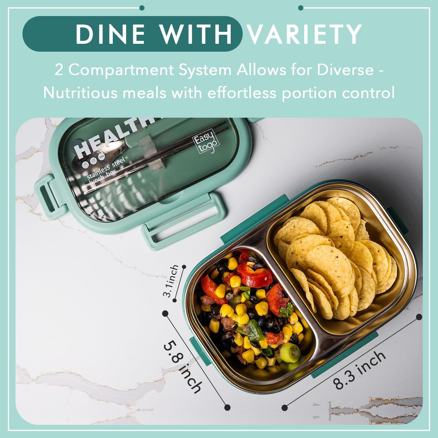Lonchera Bento de 2 compartimentos con bolsa de almuerzo y juego de cubiertos, 28 onzas a prueba de fugas, reutilizable, contenedor de control de
