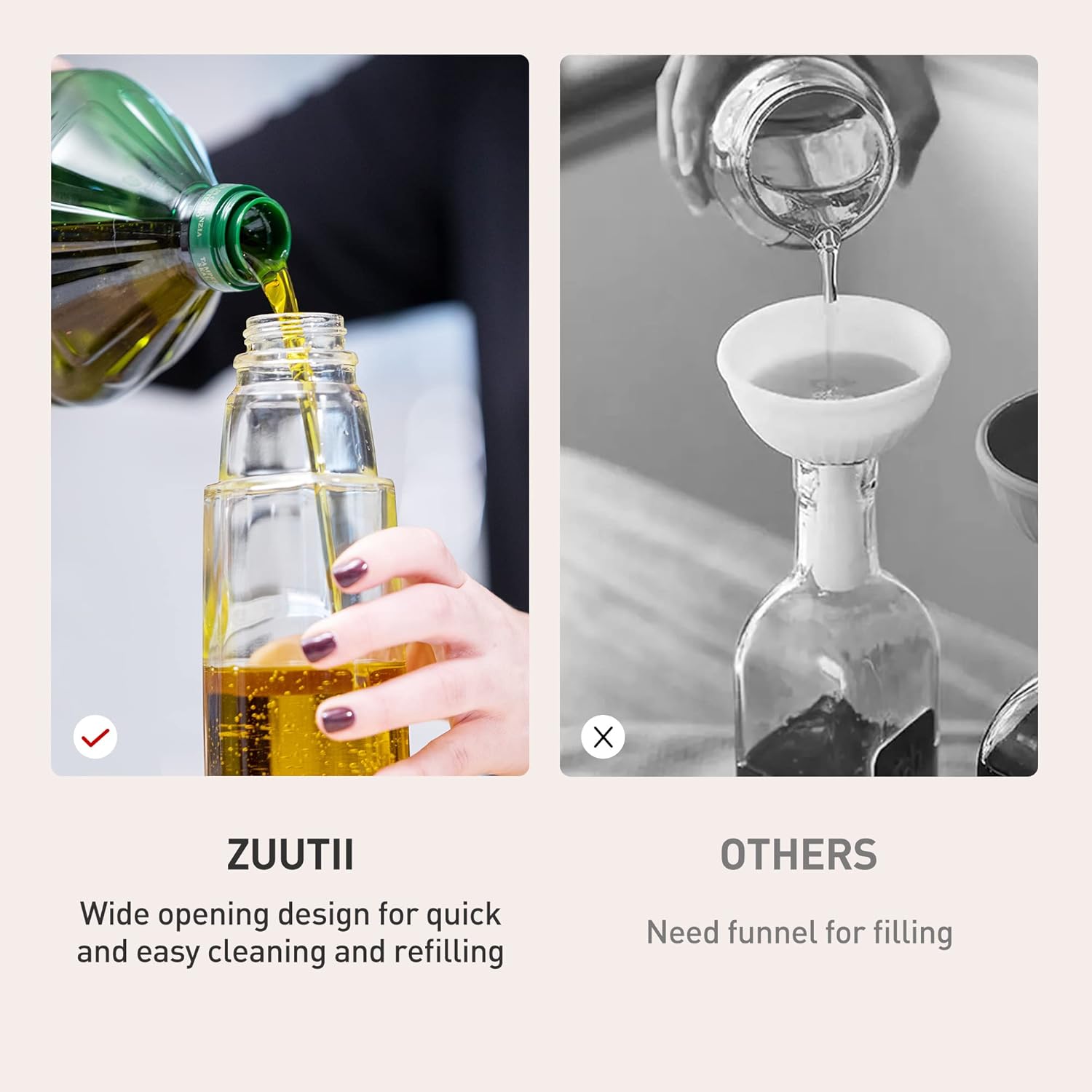 Zuutii Dispensador de aceite de oliva, botella dispensadora de aceite sin goteo para cocina, dispensador de aceite y vinagre, botella de aceite de